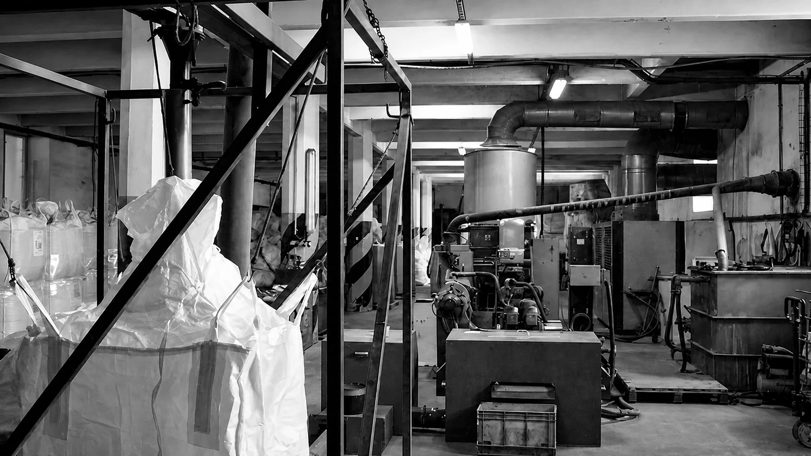 Výrobní prostor s regranulační technologií a big bagy.